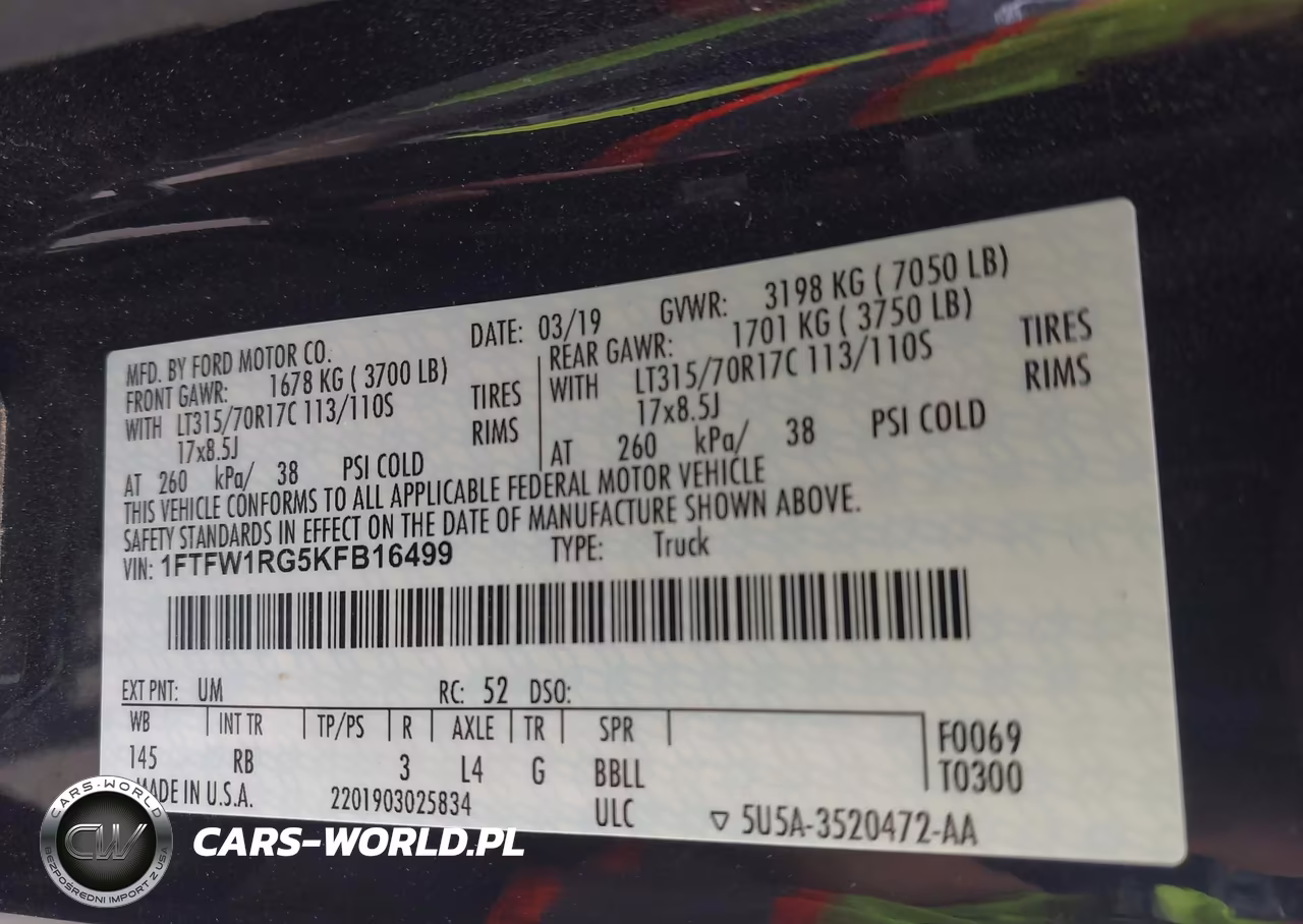 2019 Ford F-150 Raptor VIN:1FTFW1RG5KFB16499 - 9