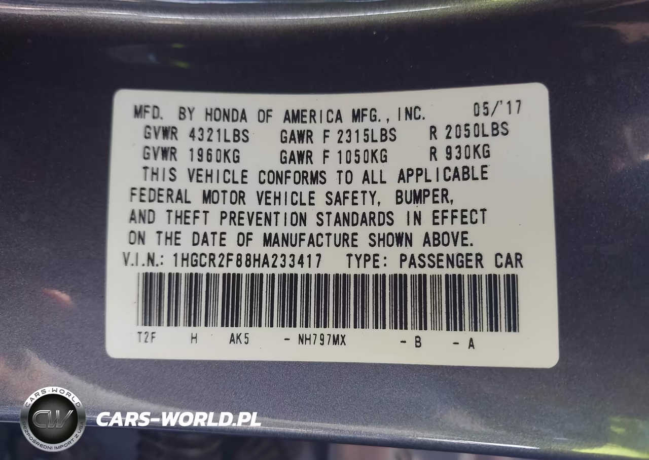 2017 Honda Accord Ex-L VIN:1HGCR2F88HA233417 - 9
