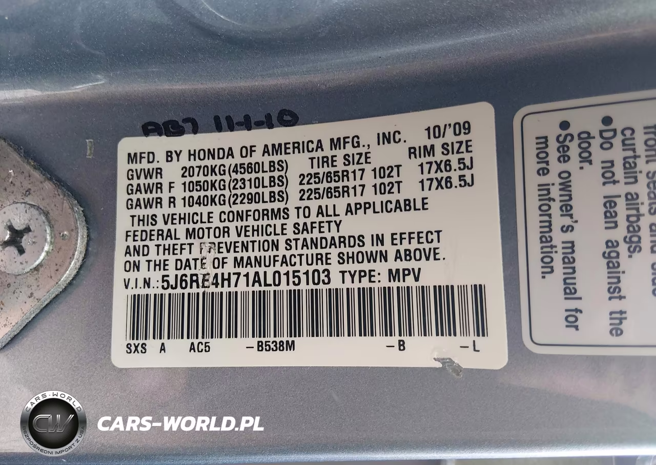2010 Honda Cr-V Ex-L VIN:5J6RE4H71AL015103 - 9