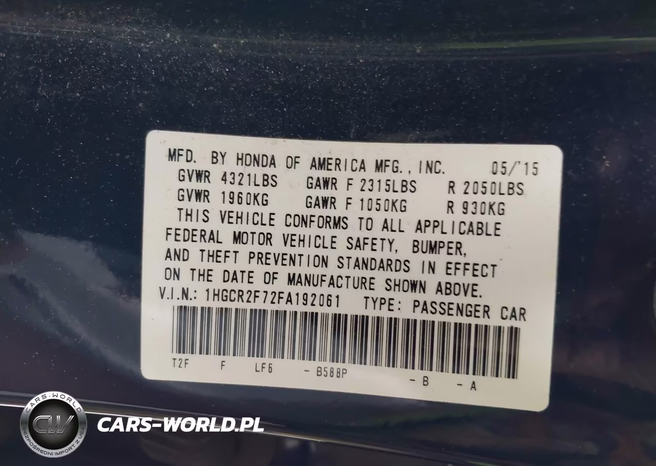 2015 Honda Accord Ex VIN:1HGCR2F72FA192061 - 9