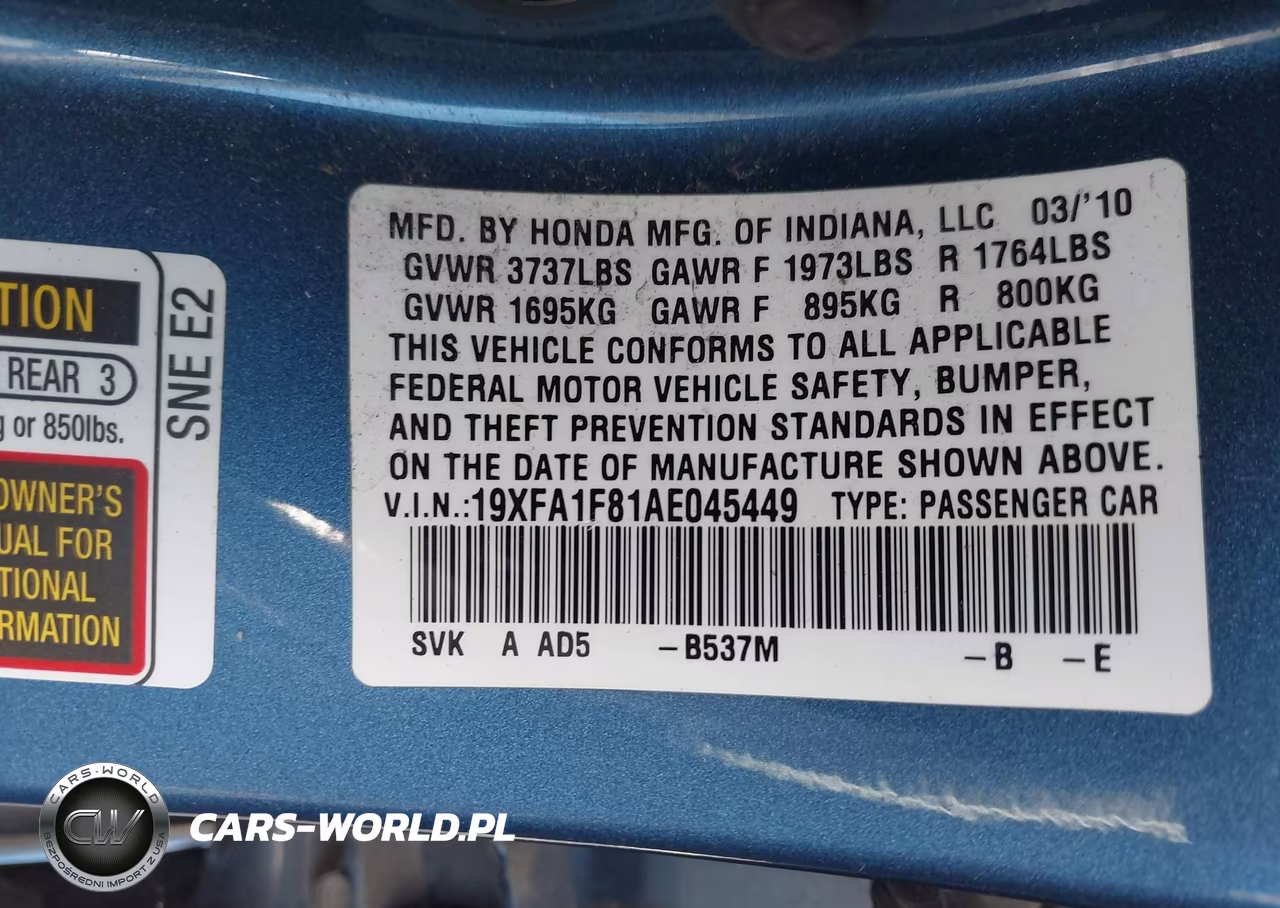2010 Honda Civic Ex VIN:19XFA1F81AE045449 - 9