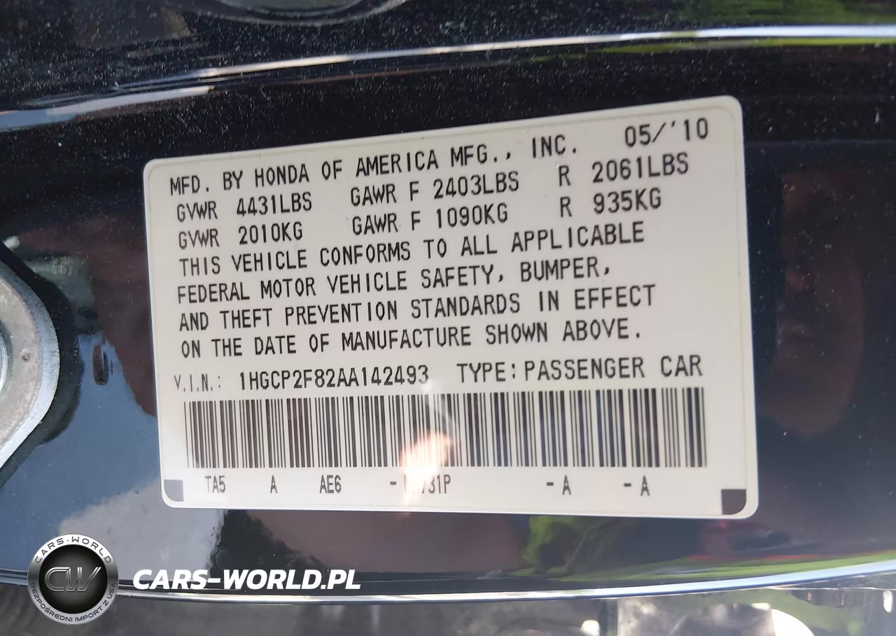 2010 Honda Accord 2.4 Ex-L VIN:1HGCP2F82AA142493 - 9
