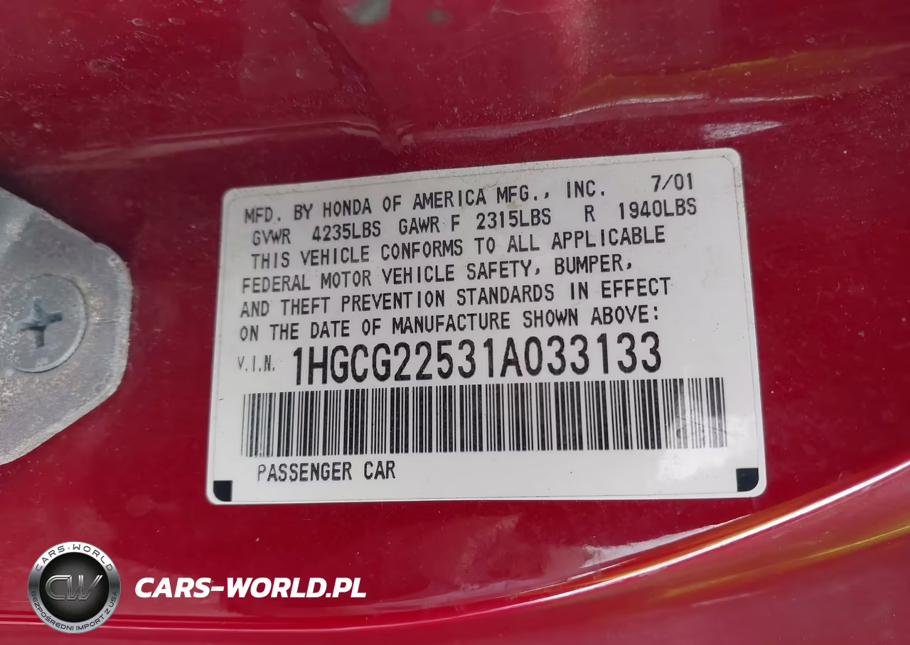 2001 Honda Accord 3.0 Ex VIN:1HGCG22531A033133 - 9