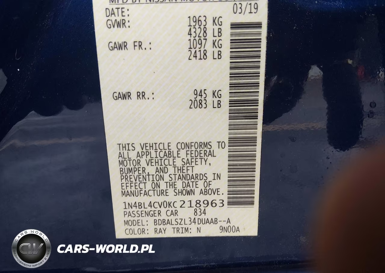 2019 Nissan Altima 2.5 Sr VIN:1N4BL4CV0KC218963 - 9