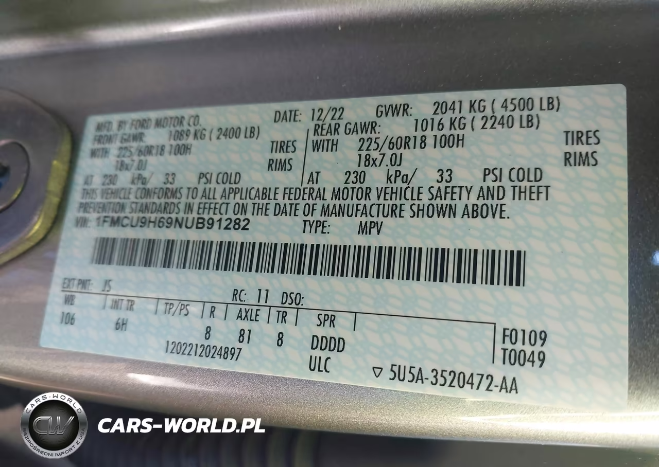 2022 Ford Escape Sel VIN:1FMCU9H69NUB91282 - 9