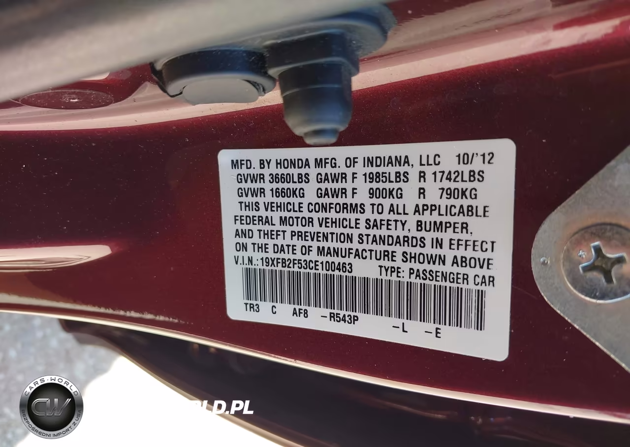 2012 Honda Civic Lx VIN:19XFB2F53CE100463 - 9
