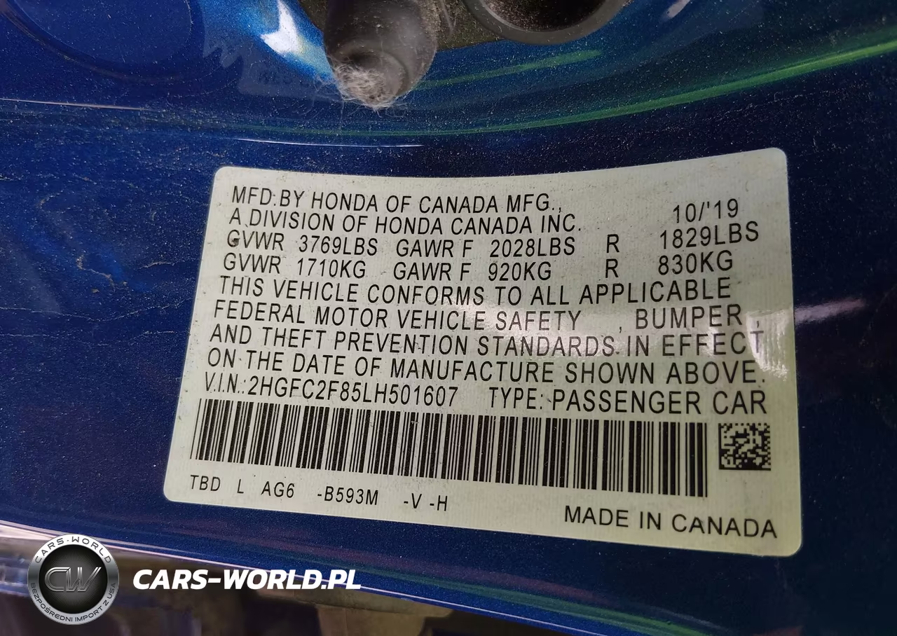 2020 Honda Civic Sport VIN:2HGFC2F85LH501607 - 9