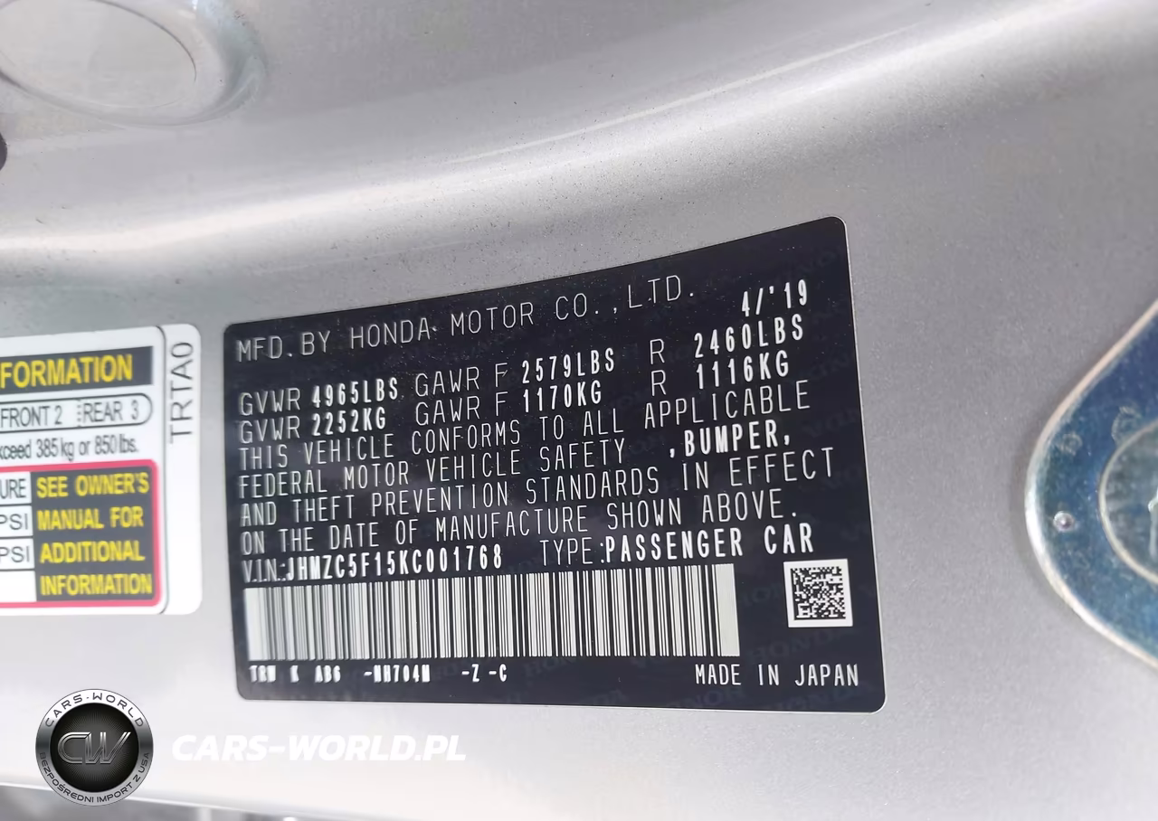 2019 Honda Clarity Plug-In Hybrid VIN:JHMZC5F15KC001768 - 9