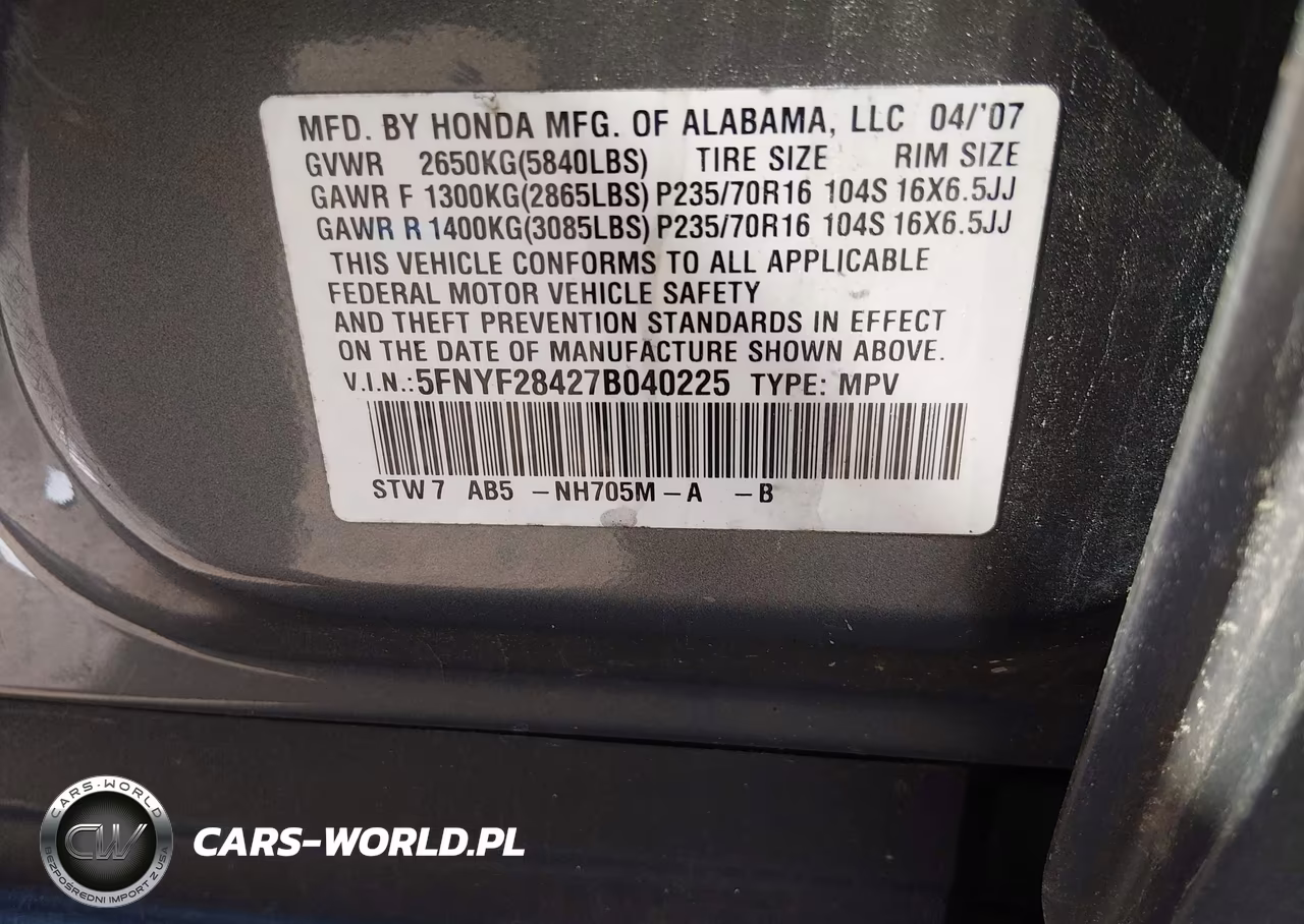 2007 Honda Pilot Ex VIN:5FNYF28427B040225 - 9