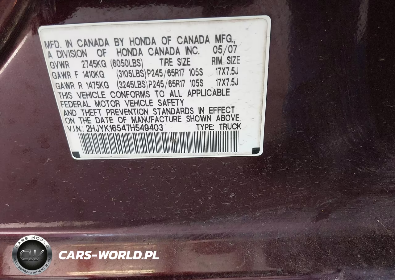 2007 Honda Ridgeline Rtl VIN:2HJYK16547H549403 - 9