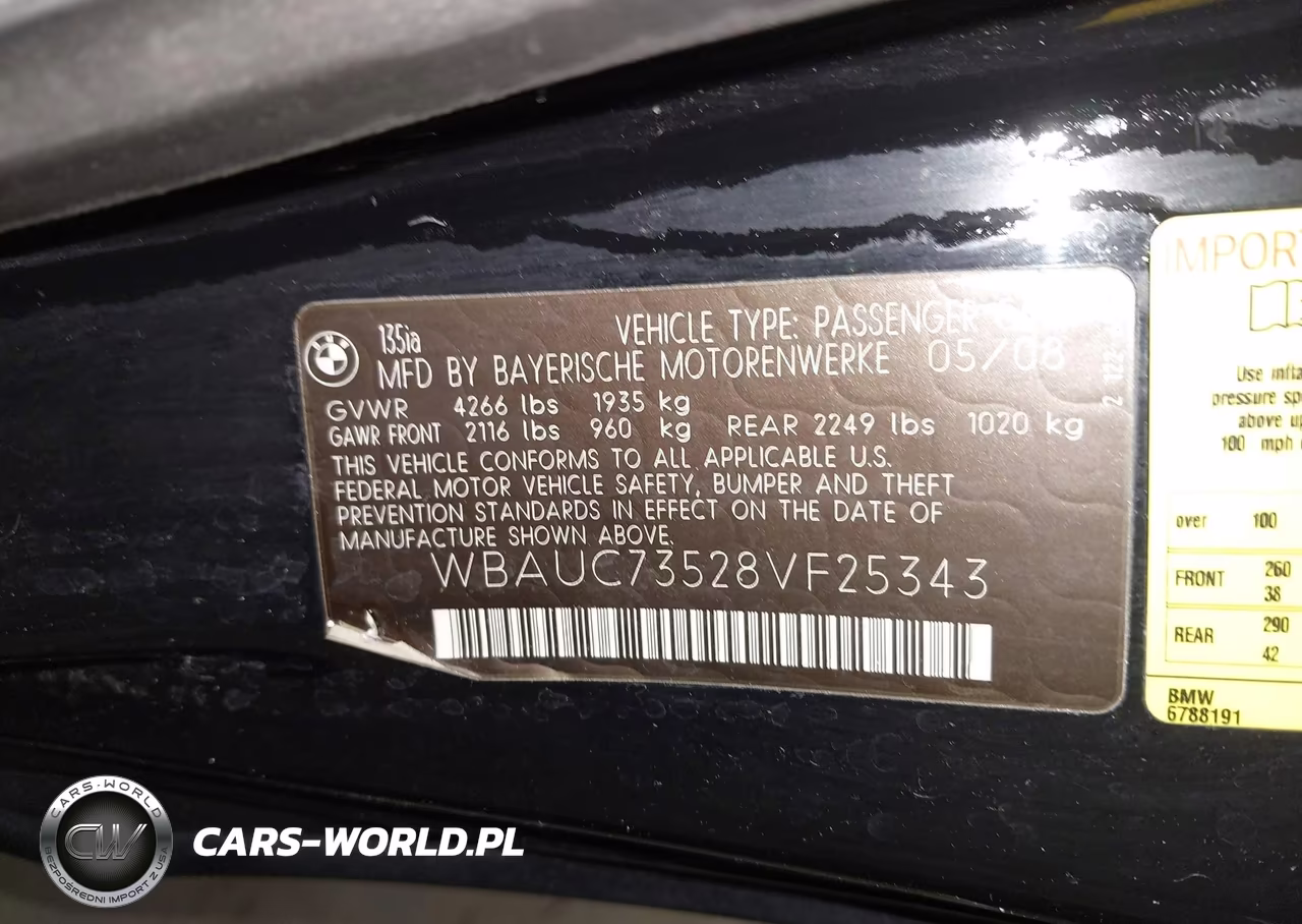 2008 BMW 135I VIN:WBAUC73528VF25343 - 9