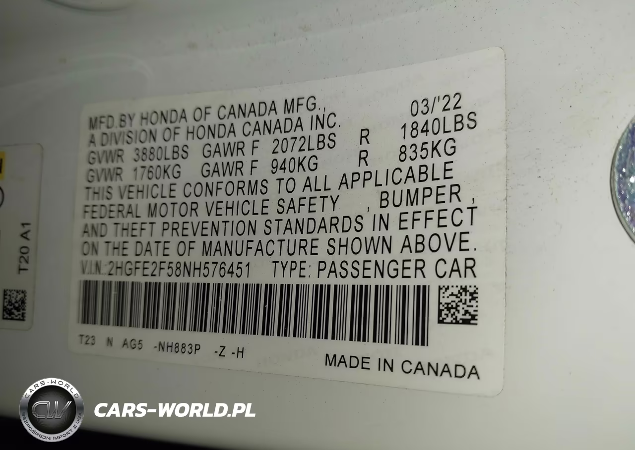 2022 Honda Civic Sport VIN:2HGFE2F58NH576451 - 9