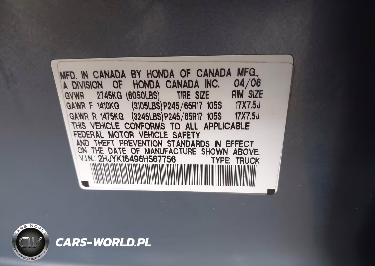2006 Honda Ridgeline Rts VIN:2HJYK16496H567756 - 9