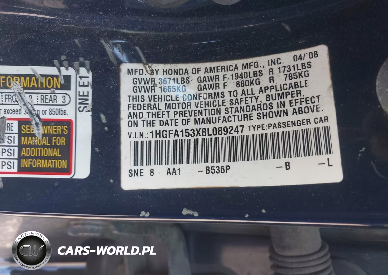 2008 Honda Civic Dx VIN:1HGFA153X8L089247 - 9