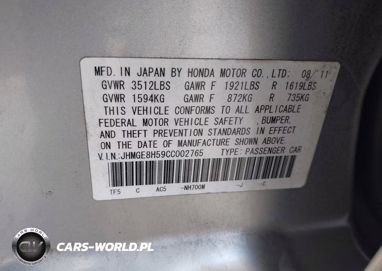 2012 Honda Fit Sport VIN:JHMGE8H59CC002765 - 9