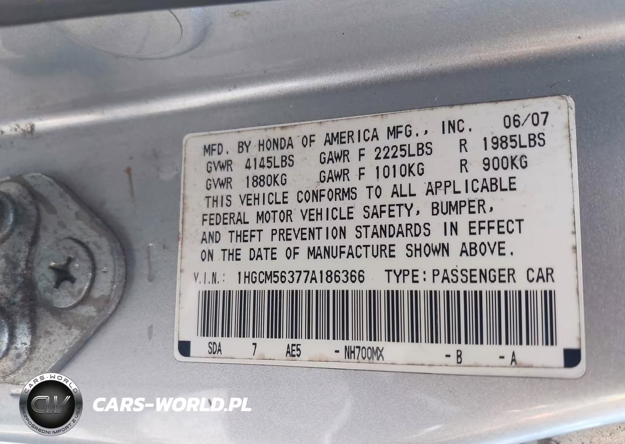 2007 Honda Accord 2.4 Se VIN:1HGCM56377A186366 - 9
