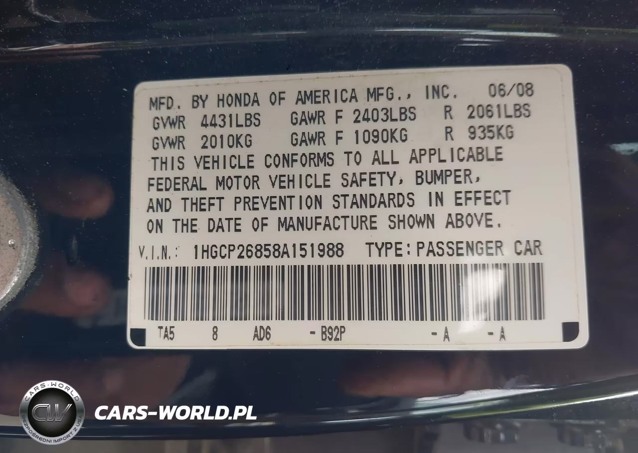 2008 Honda Accord 2.4 Ex-L VIN:1HGCP26858A151988 - 9