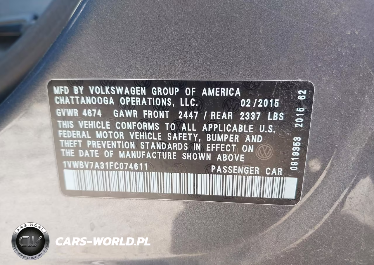 2015 Volkswagen Passat 2.0L Tdi Se VIN:1VWBV7A31FC074611 - 9