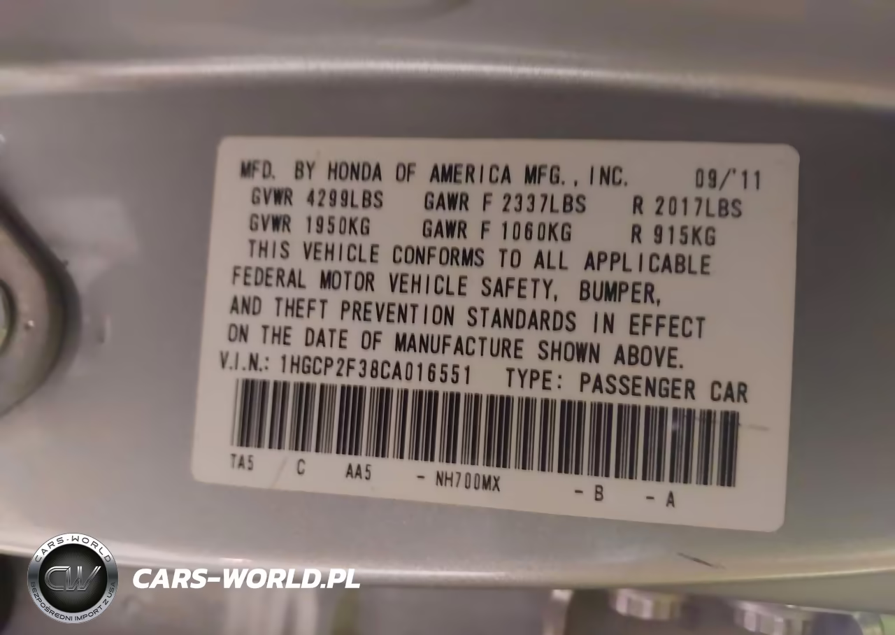 2012 Honda Accord 2.4 Lx VIN:1HGCP2F38CA016551 - 9