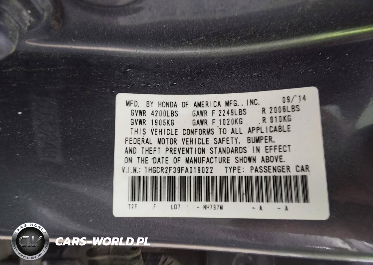 2015 Honda Accord Lx VIN:1HGCR2F39FA019022 - 9