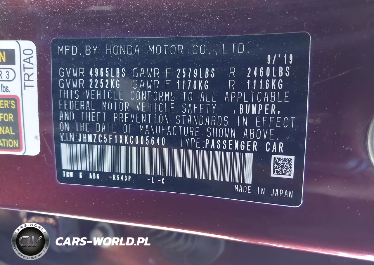 2019 Honda Clarity Plug-In Hybrid VIN:JHMZC5F1XKC005640 - 9