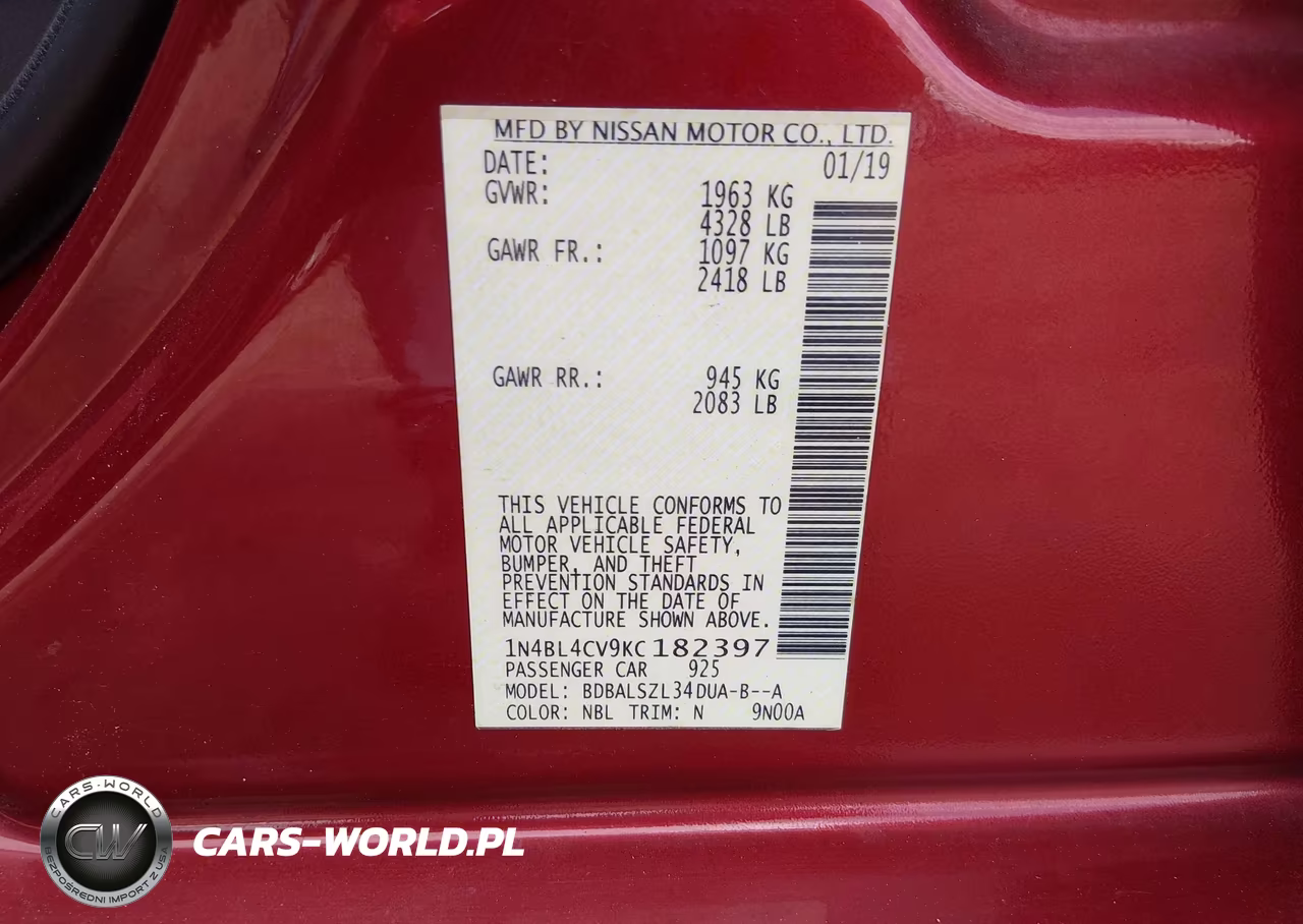2019 Nissan Altima 2.5 Sr VIN:1N4BL4CV9KC182397 - 9