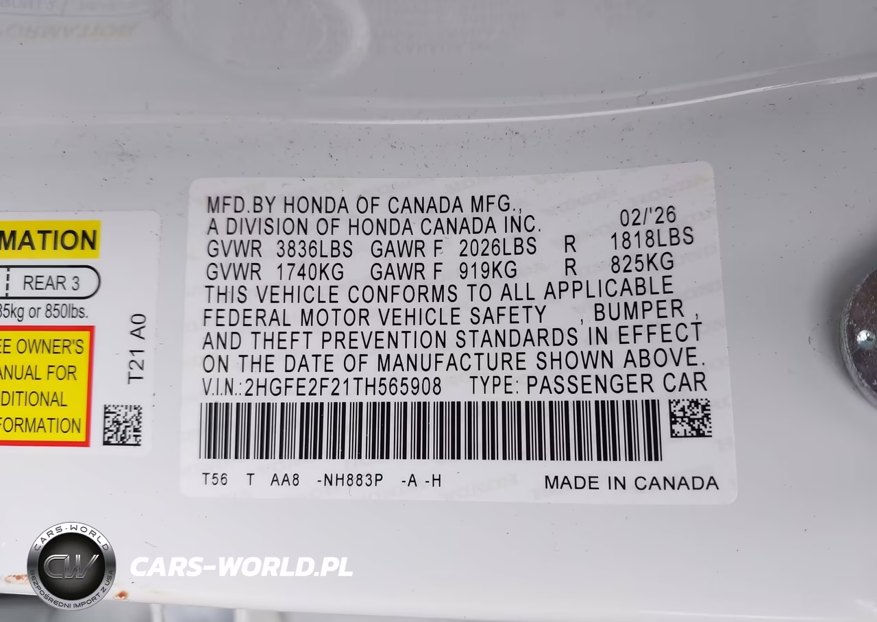 2026 Honda Civic Lx VIN:2HGFE2F21TH565908 - 9