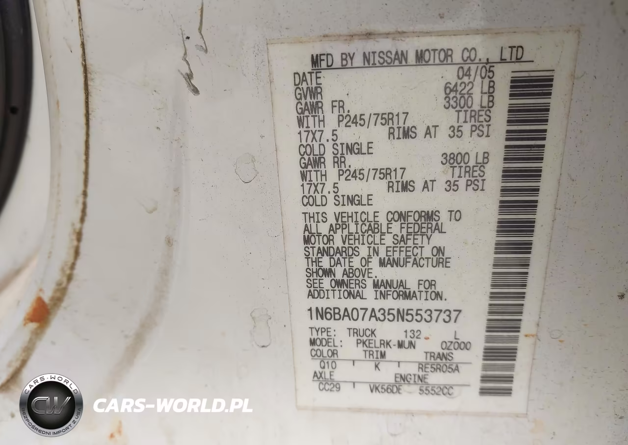 2005 Nissan Titan Xe VIN:1N6BA07A35N553737 - 9