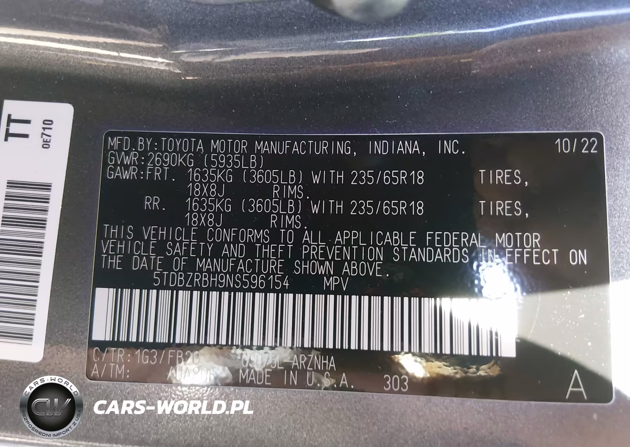 2022 Toyota Highlander Le VIN:5TDBZRBH9NS596154 - 9