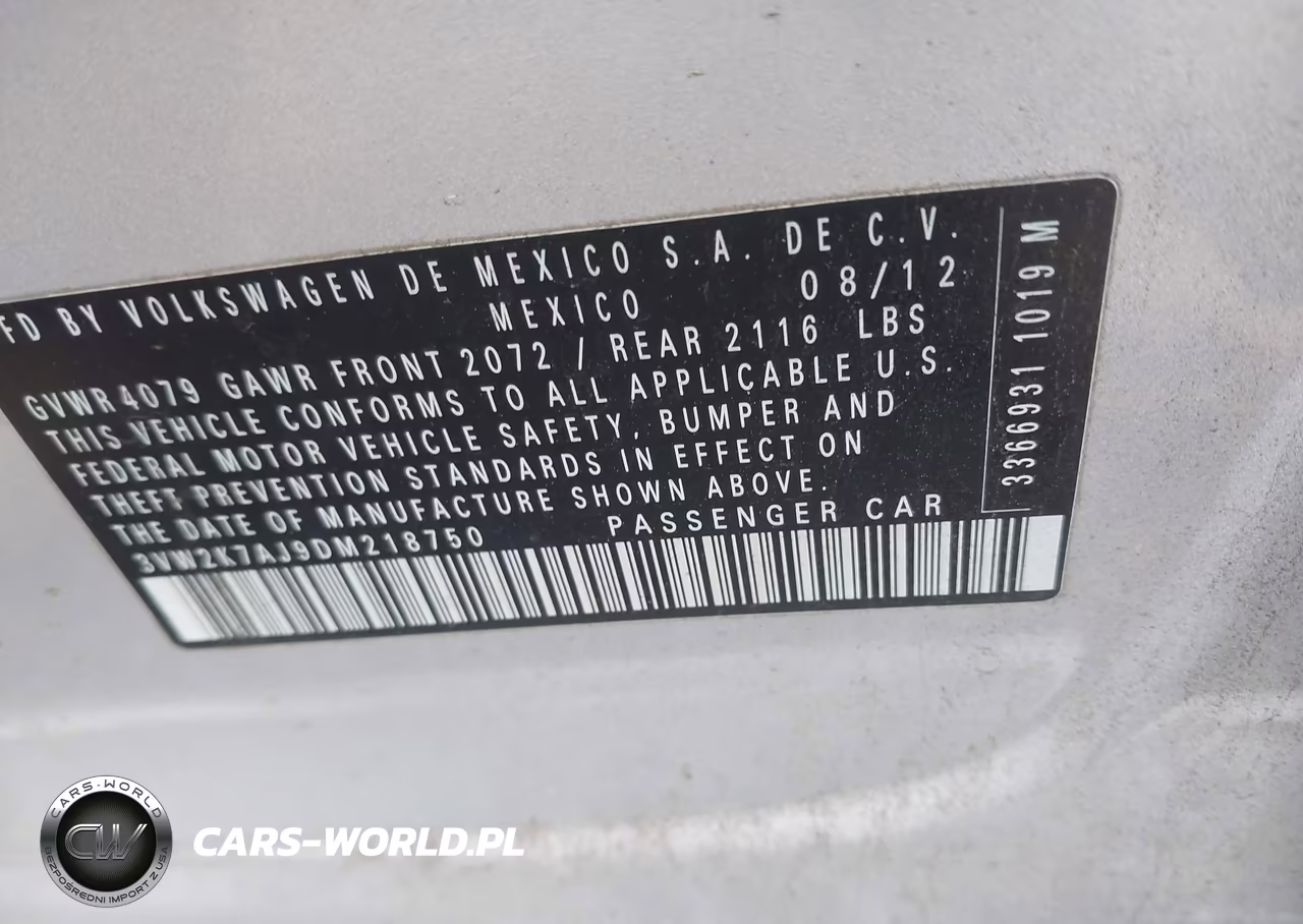 2013 Volkswagen Jetta 2.0L S VIN:3VW2K7AJ9DM218750 - 9
