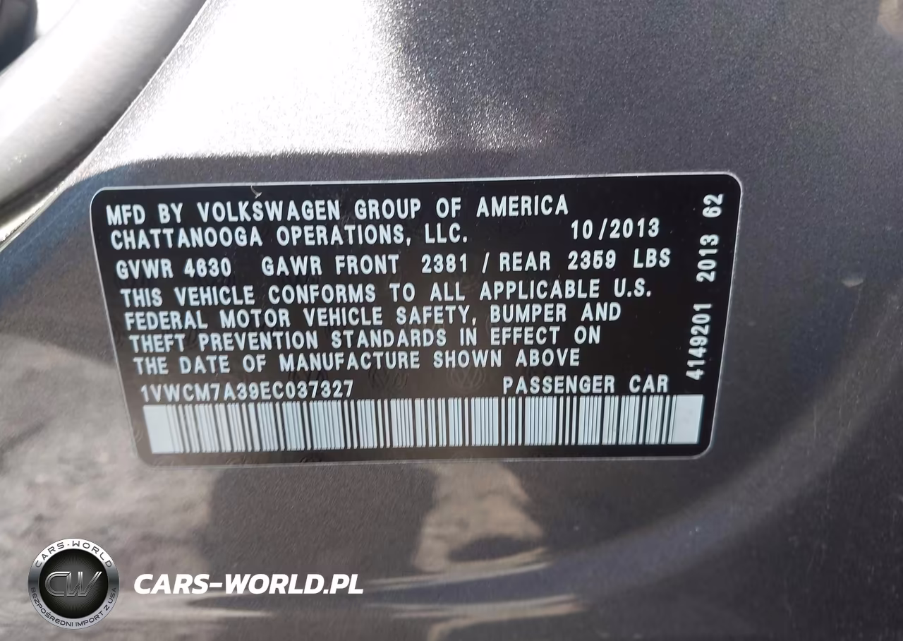 2014 Volkswagen Passat 3.6L V6 Sel Premium VIN:1VWCM7A39EC037327 - 9