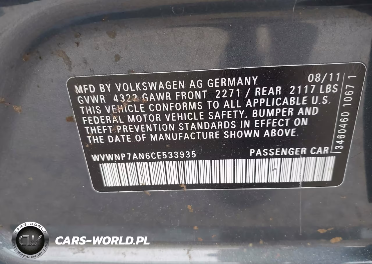 2012 Volkswagen Cc Sport VIN:WVWNP7AN6CE533935 - 9