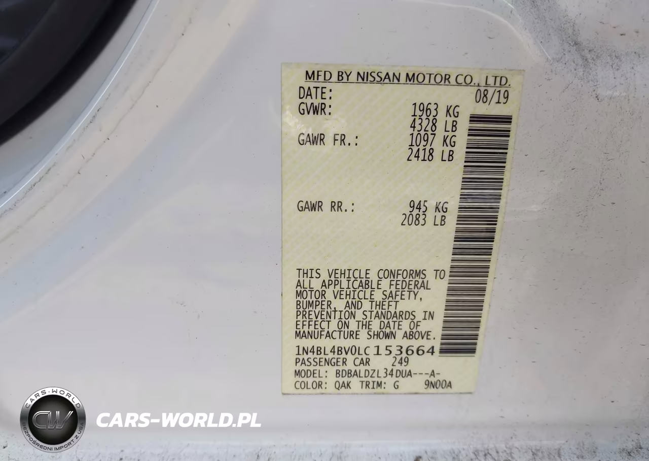 2020 Nissan Altima S Fwd VIN:1N4BL4BV0LC153664 - 9
