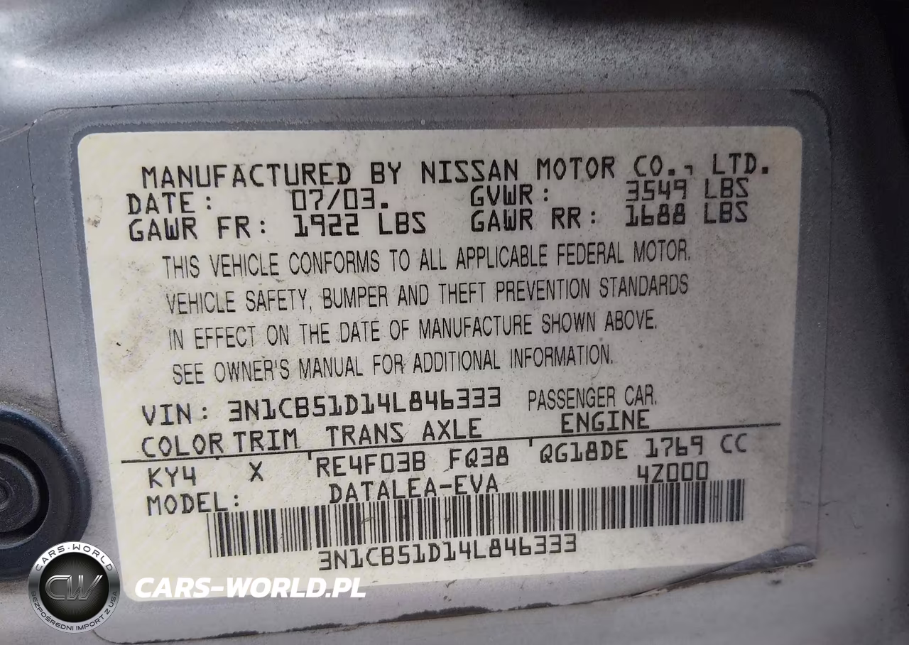 2004 Nissan Sentra 1.8S VIN:3N1CB51D14L846333 - 9