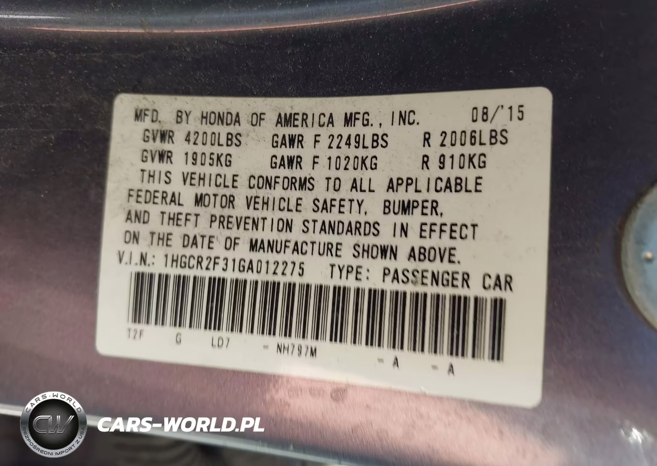 2016 Honda Accord Lx VIN:1HGCR2F31GA012275 - 9
