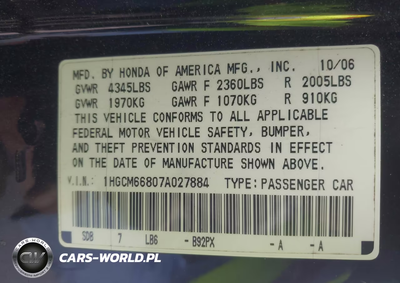 2007 Honda Accord 3.0 Ex VIN:1HGCM66807A027884 - 9