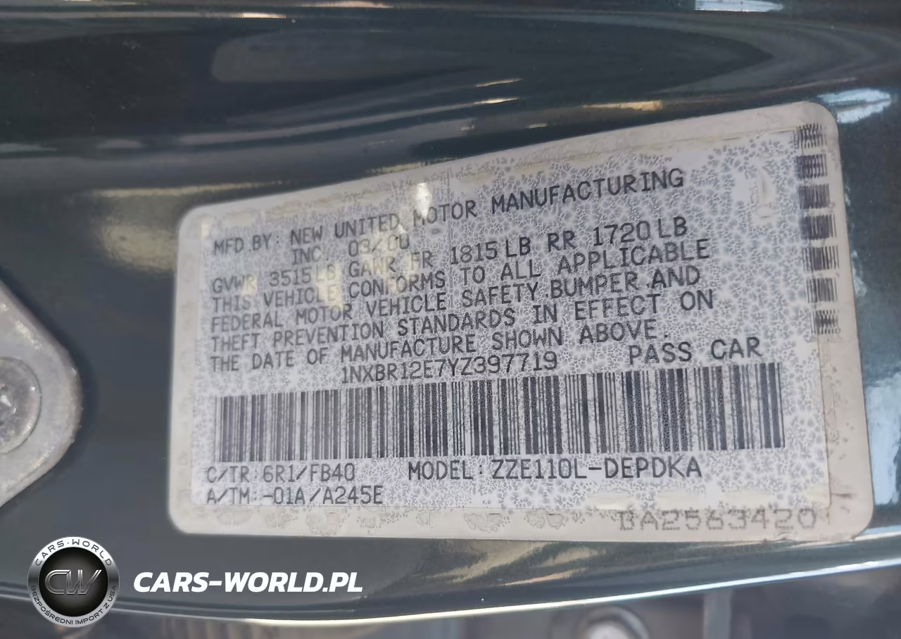 2000 Toyota Corolla Ce VIN:1NXBR12E7YZ397719 - 9