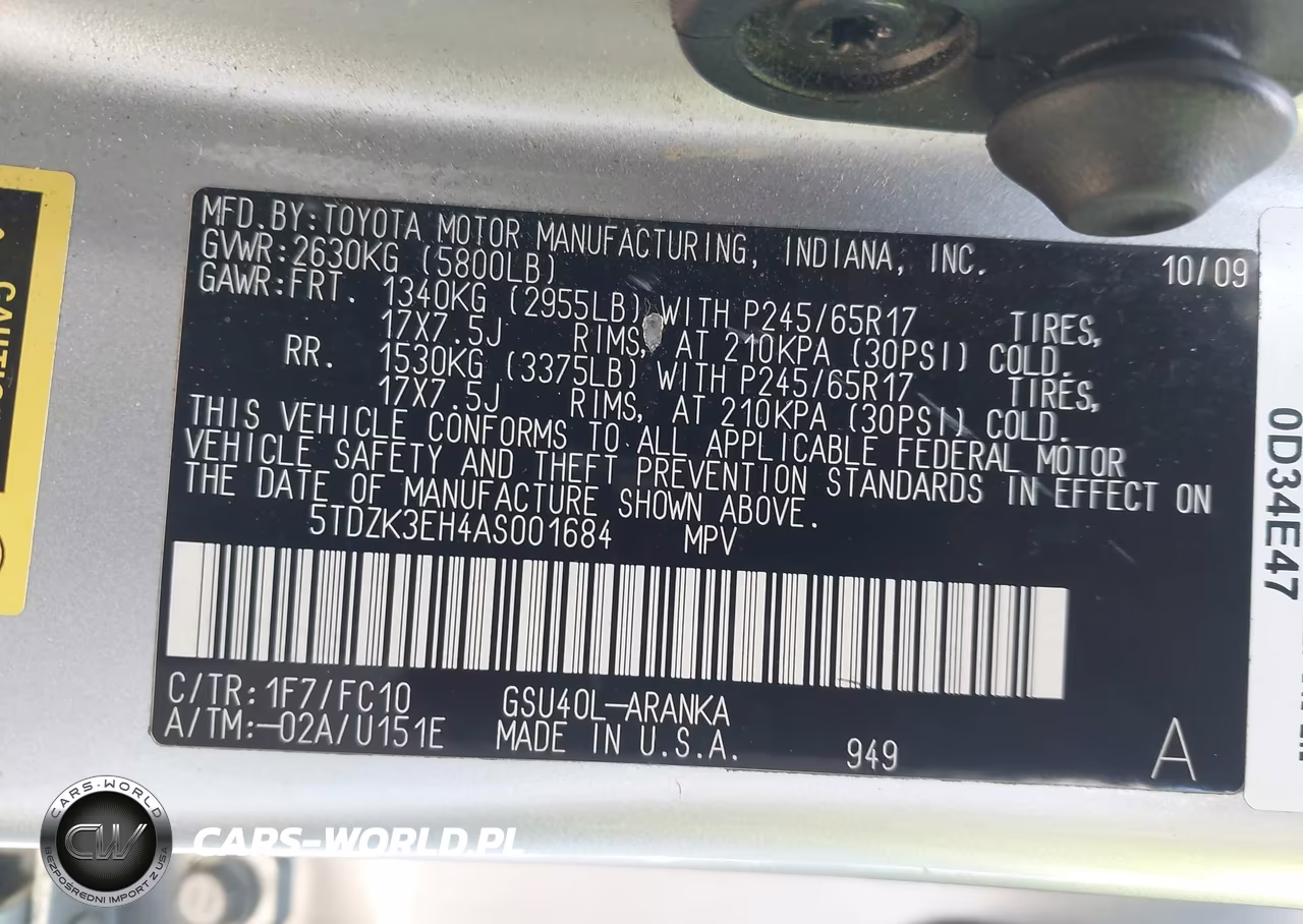 2010 Toyota Highlander Base V6 VIN:5TDZK3EH4AS001684 - 9