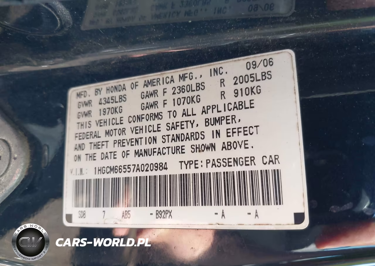 2007 Honda Accord 3.0 Ex VIN:1HGCM66557A020984 - 9
