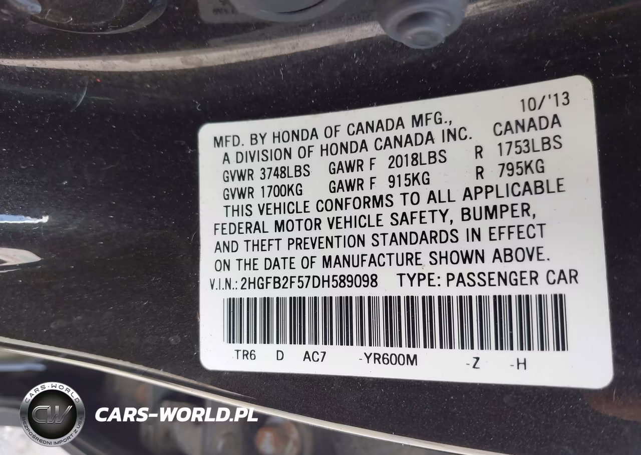 2013 Honda Civic Lx VIN:2HGFB2F57DH589098 - 9