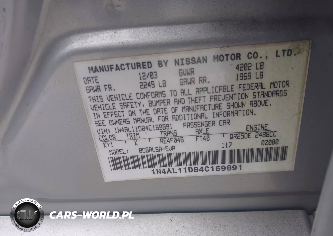 2004 Nissan Altima 2.5 S VIN:1N4AL11D84C169891 - 9