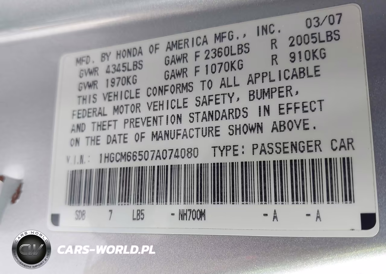 2007 Honda Accord 3.0 Ex VIN:1HGCM66507A074080 - 9