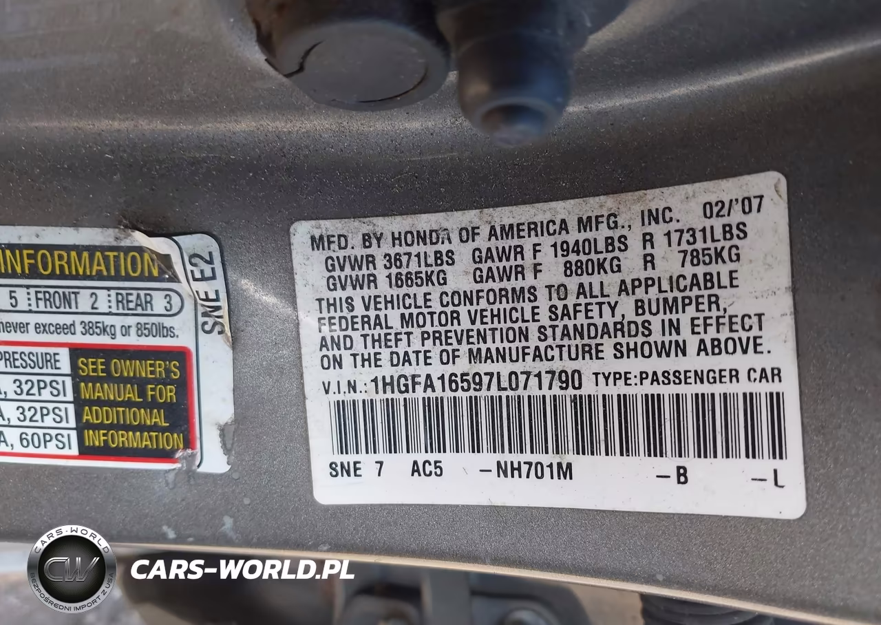 2007 Honda Civic Lx VIN:1HGFA16597L071790 - 9