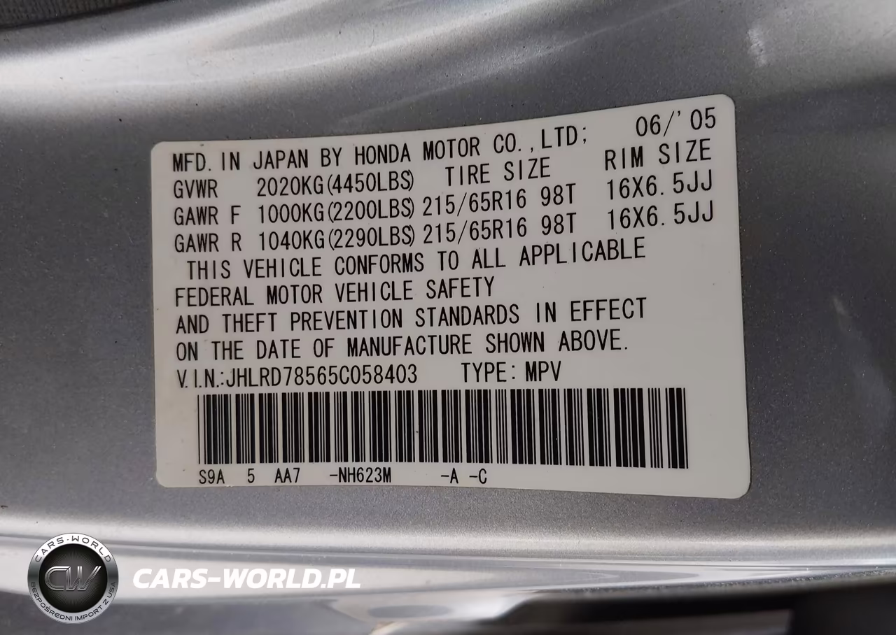 2005 Honda Cr-V Lx VIN:JHLRD78565C058403 - 9