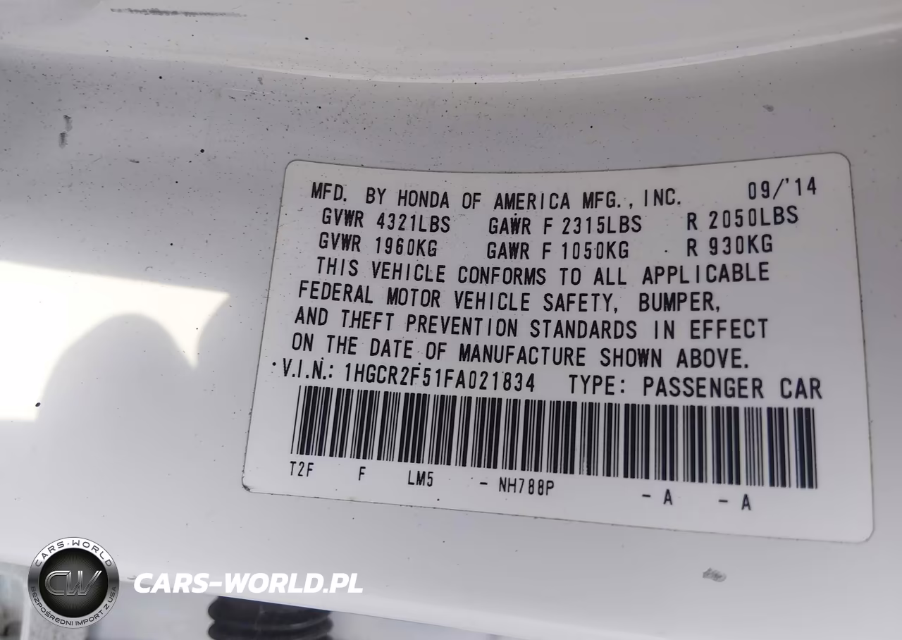 2015 Honda Accord Sport VIN:1HGCR2F51FA021834 - 9