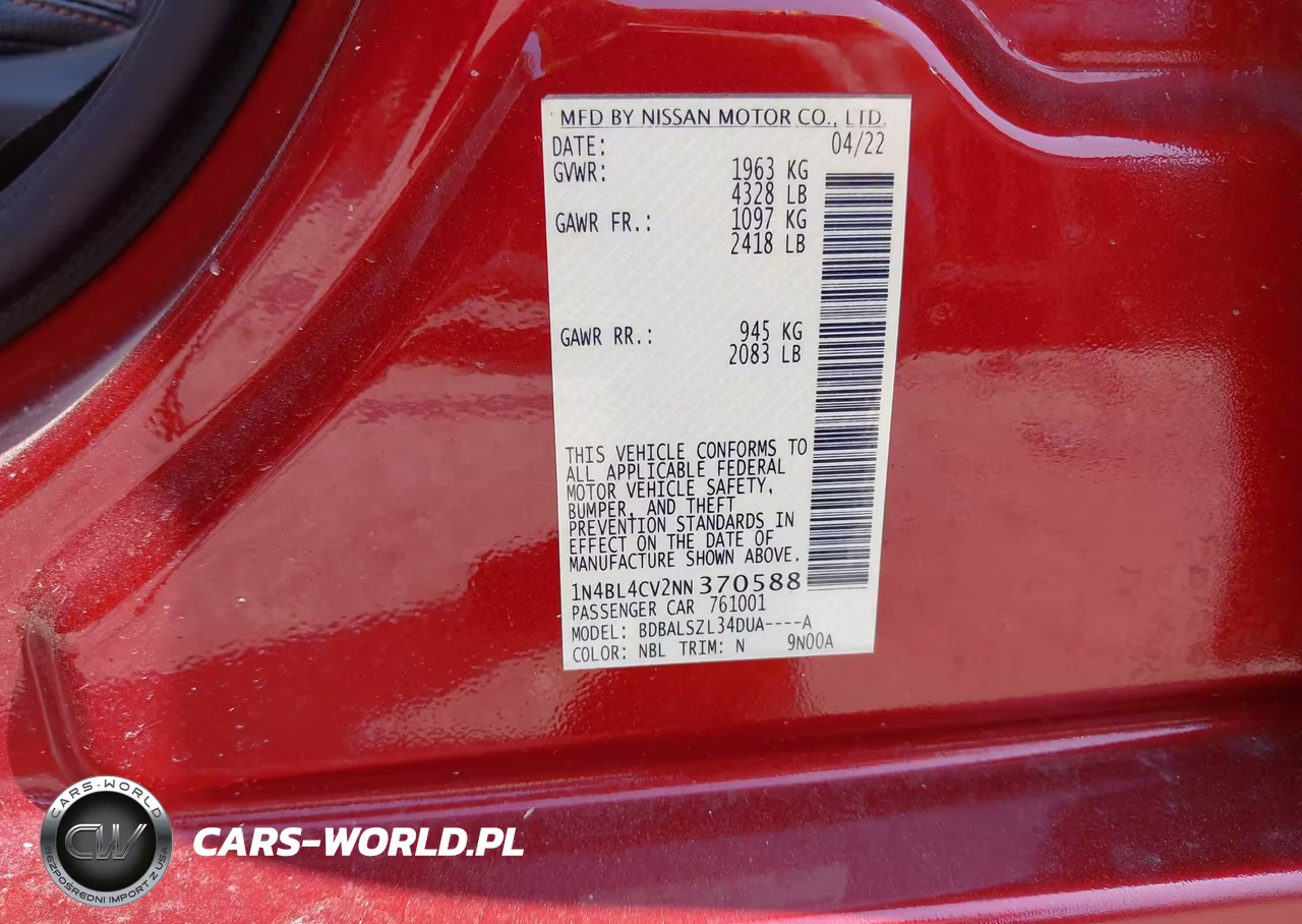 2022 Nissan Altima Sr Fwd VIN:1N4BL4CV2NN370588 - 9