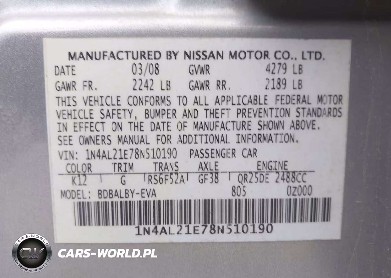2008 Nissan Altima 2.5 S VIN:1N4AL21E78N510190 - 9