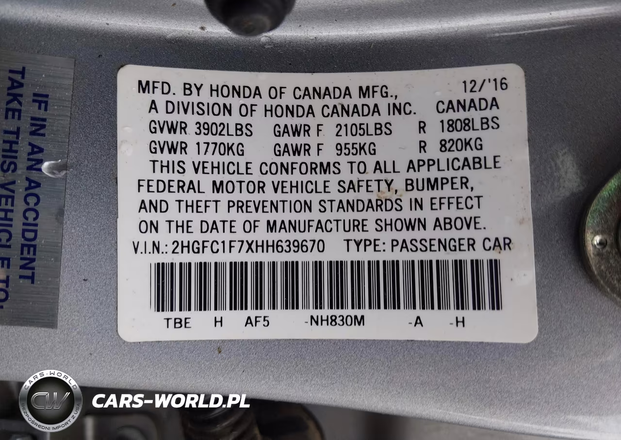 2017 Honda Civic Ex-L VIN:2HGFC1F7XHH639670 - 9