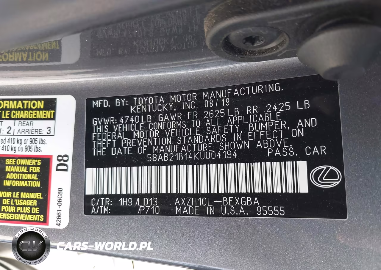 2019 Lexus Es 300H VIN:58AB21B14KU004194 - 9