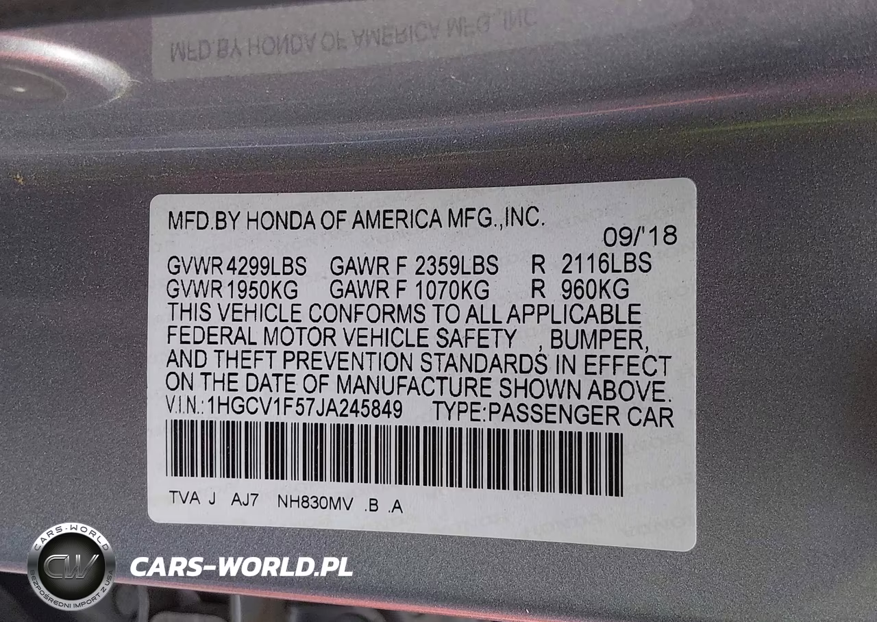2018 Honda Accord Ex-L VIN:1HGCV1F57JA245849 - 9